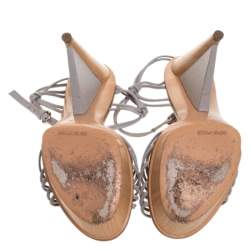 Sergio Rossi Grey Strappy  Leather Wooden Platform Ankle Strap Sandals Size 39.5