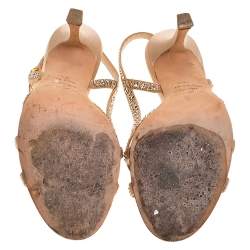 Pre Owned صندل سرجيو روسي مزخرف كريستال فتحة كعب ساتان بيج مقاس 38.5