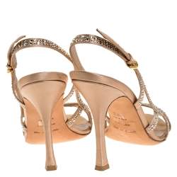 Pre Owned صندل سرجيو روسي مزخرف كريستال فتحة كعب ساتان بيج مقاس 38.5