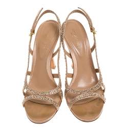 Pre Owned صندل سرجيو روسي مزخرف كريستال فتحة كعب ساتان بيج مقاس 38.5