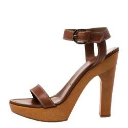 Pre Owned صندل سيرجيو روسي سير كاحل كعب ونعل سميك خشبي جلد بني مقاس 39