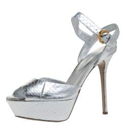 Pre Owned صندل سيرجيو روسي سير كاحل نعل سميك جلد نقش ثعبان فضي مقاس 36