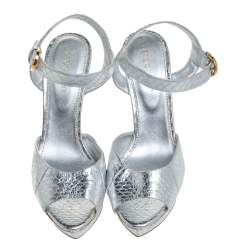 Pre Owned صندل سيرجيو روسي سير كاحل نعل سميك جلد نقش ثعبان فضي مقاس 36