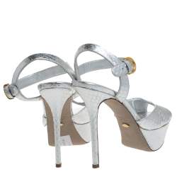 Pre Owned صندل سيرجيو روسي سير كاحل نعل سميك جلد نقش ثعبان فضي مقاس 36