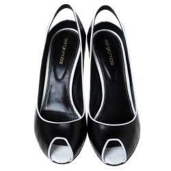 Pre Owned حذاء كعب عالي سيرجيو روسي مقدمة مفتوحة كعب روكي جلد حافة أبيض وأسود مقاس 40 