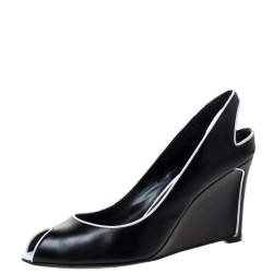 Pre Owned حذاء كعب عالي سيرجيو روسي مقدمة مفتوحة كعب روكي جلد حافة أبيض وأسود مقاس 40 