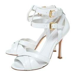 Pre Owned صندل سيرجيو روسي مقدمة مفتوحة سيور متعاكسة سير كاحل مزدوج جلد أبيض مقاس 37.5