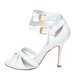 Pre Owned صندل سيرجيو روسي مقدمة مفتوحة سيور متعاكسة سير كاحل مزدوج جلد أبيض مقاس 37.5