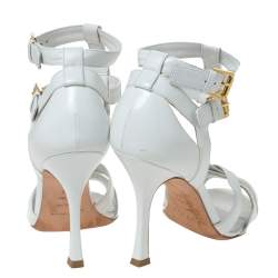 Pre Owned صندل سيرجيو روسي مقدمة مفتوحة سيور متعاكسة سير كاحل مزدوج جلد أبيض مقاس 37.5