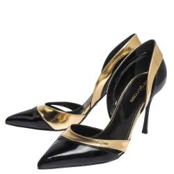 Pre Owned Sergio Rossi Black Patent And Gold Leather Pointed Toe D'orsay Pumps Size 38.5