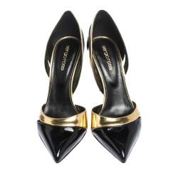 Pre Owned Sergio Rossi Black Patent And Gold Leather Pointed Toe D'orsay Pumps Size 38.5