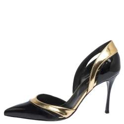 Pre Owned Sergio Rossi Black Patent And Gold Leather Pointed Toe D'orsay Pumps Size 38.5