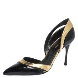 Pre Owned Sergio Rossi Black Patent And Gold Leather Pointed Toe D'orsay Pumps Size 38.5