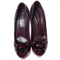 Pre Owned حذاء كعب عالي سيرجيو روسي مقدمة مفتوحة نعل سميك مزخرف جلد عنابي مقاس 39