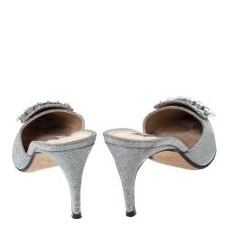 مملوكة مسبقًا حذاء مولز فلات سيرجيو روسي مقدمة مدببة مزخرف كريستال قماش غليتر فضي مقاس 37.5