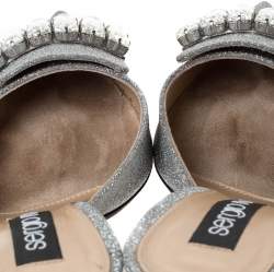 مملوكة مسبقًا حذاء مولز فلات س يرجيو روسي مقدمة مدببة مزخرف كريستال قماش غليتر فضي مقاس 37.5