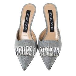 مملوكة مسبقًا حذاء مولز فلات سيرجيو روسي مقدمة مدببة مزخرف كريستال قماش غليتر فضي مقاس 37.5