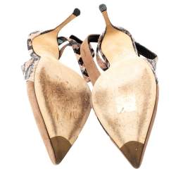 مملوكة مسبقًا Sergio Rossi Beige/Black Suede And Python Pointed Toe Ankle Wrap Sandals Size 38