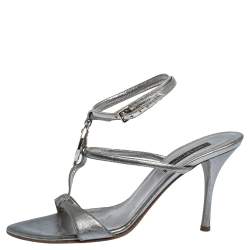 Pre Owned صندل سيرجيو  روسي جلد فضي ميتاليك مزخرف بحزام للكاحل مقاس 38