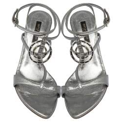 Pre Owned صندل سيرجيو  روسي جلد فضي ميتاليك مزخرف بحزام للكاحل مقاس 38