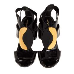 Pre Owned صندل سيرجيو روسي إلاستيك بسيور جلد أسود لامع مزخرف مقاس 38