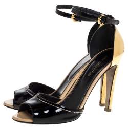 Sergio Rossi Black Patent Leather Metal Heel Ankle Strap Sandals Size 36