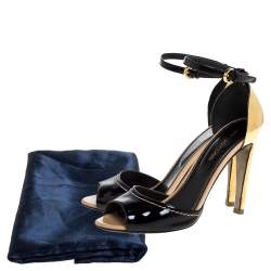 Sergio Rossi Black Patent Leather Metal Heel Ankle Strap Sandals Size 36