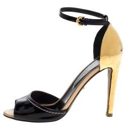 Sergio Rossi Black Patent Leather Metal Heel Ankle Strap Sandals Size 36