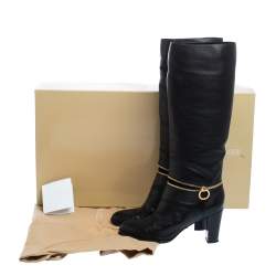 Pre Owned Sergio Rossi Black Leather Zip Detail Knee High Block Heel Boots Size 38