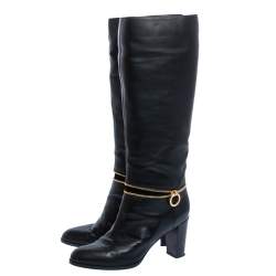 Pre Owned Sergio Rossi Black Leather Zip Detail Knee High Block Heel Boots Size 38