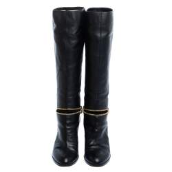 Pre Owned Sergio Rossi Black Leather Zip Detail Knee High Block Heel Boots Size 38