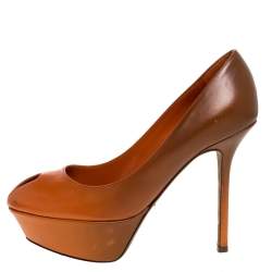 Sergio Rossi Orange/Brown Leather Peep Toe Platform Pumps Size 35