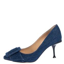 Pre Owned حذاء كعب عالي سيرجيو روسي بمقدمة مدببة وإبزيم دينم أزرق مقاس 35