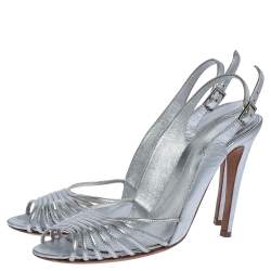 Sergio Rossi Silver Leather Strappy Ankle Strap Sandals Size 38.5