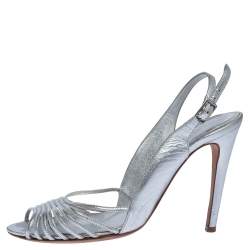 Sergio Rossi Silver Leather Strappy Ankle Strap Sandals Size 38.5
