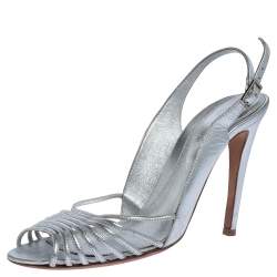 Sergio Rossi Silver Leather Strappy Ankle Strap Sandals Size 38.5