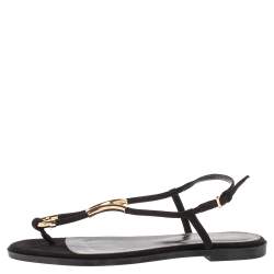 Pre Owned Sergio Rossi Black Suede Gold Embellished Flat Sandals Size 38