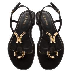 Pre Owned Sergio Rossi Black Suede Gold Embellished Flat Sandals Size 38
