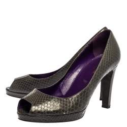 Pre Owned حذاء كعب عالي سيرجيو روسي نعل سميك مقدمة مفتوحة جلد ثعبان رمادي مقاس 38