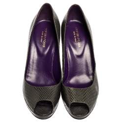 Pre Owned حذاء كعب عالي سيرجيو روسي نعل سميك مقدمة مفتوحة جلد ثعبان رمادي مقاس 38