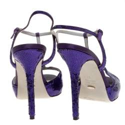 Pre Owned Sergio Rossi Purple Sequin and Satin T-Strap Ankle Sandals Size 38