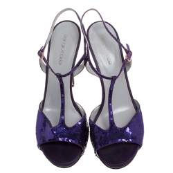 Pre Owned Sergio Rossi Purple Sequin and Satin T-Strap Ankle Sandals Size 38