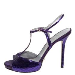 Pre Owned Sergio Rossi Purple Sequin and Satin T-Strap Ankle Sandals Size 38