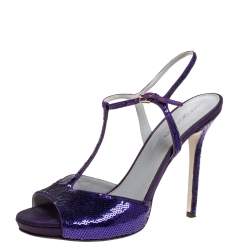 Pre Owned Sergio Rossi Purple Sequin and Satin T-Strap Ankle Sandals Size 38