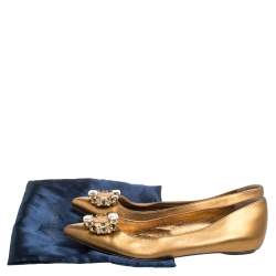 Pre Owned Sergio Rossi Gold Leather Crystal Embellished Ballet Flats Size 39