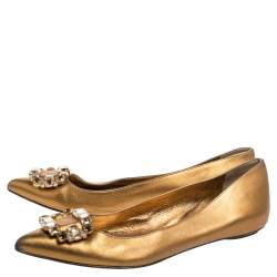 Pre Owned Sergio Rossi Gold Leather Crystal Embellished Ballet Flats Size 39