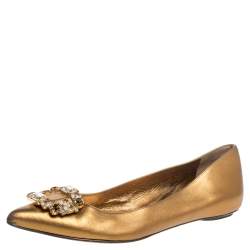 Pre Owned Sergio Rossi Gold Leather Crystal Embellished Ballet Flats Size 39