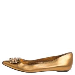 Pre Owned Sergio Rossi Gold Leather Crystal Embellished Ballet Flats Size 39
