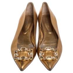 Pre Owned Sergio Rossi Gold Leather Crystal Embellished Ballet Flats Size 39