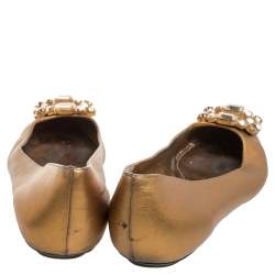Pre Owned Sergio Rossi Gold Leather Crystal Embellished Ballet Flats Size 39